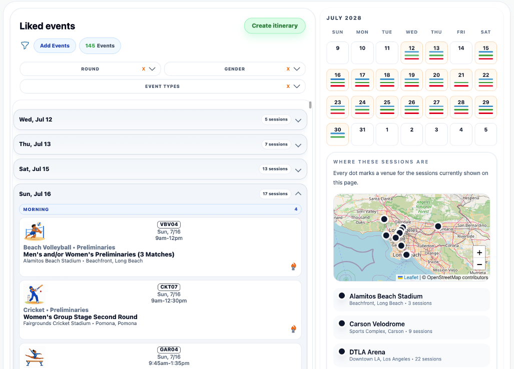 Preview of the liked events page with session cards and filters